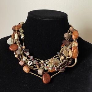 Chico's Jungle necklace, enamel monkey, shells, wood, seed beads